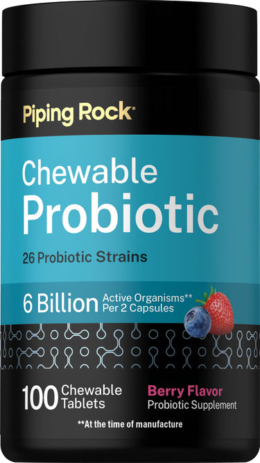 Chewable probiotic with 26 strains offers 6 billion active organisms per 2 capsules; includes 100 berry-flavored tablets.