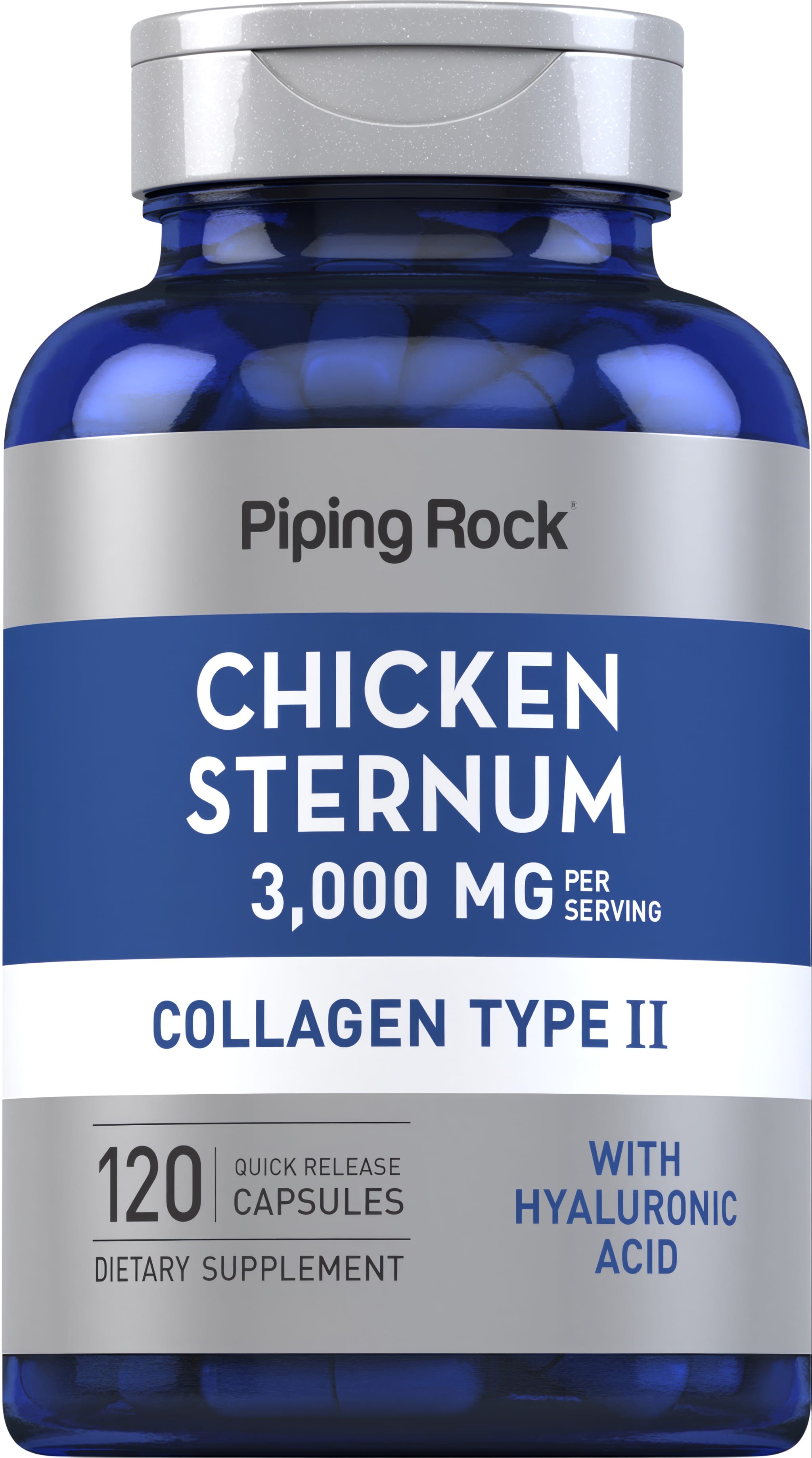 Chicken Sternum Collagen Type II with 3,000 MG per serving in 120 quick release capsules, includes Hyaluronic Acid.