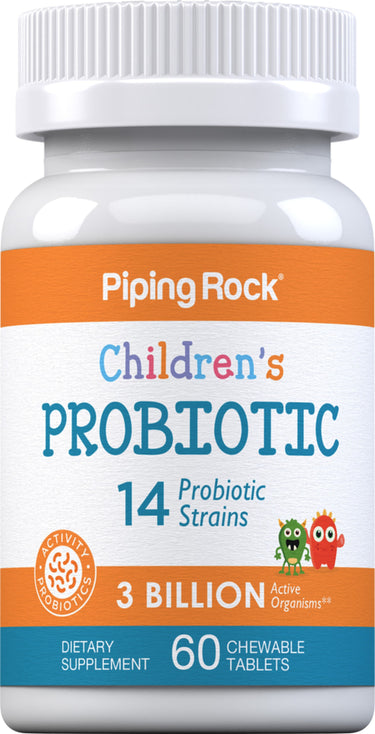 Children's Probiotic with 14 strains and 3 billion active organisms in 60 chewable tablets.