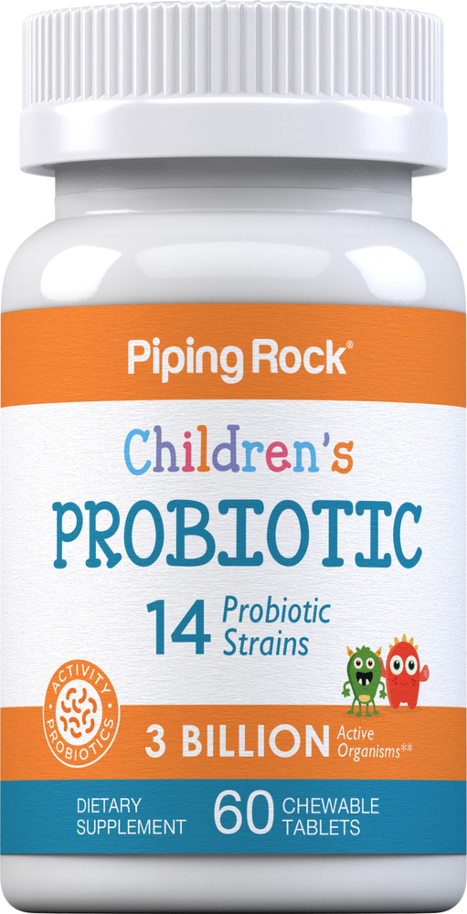 Children's Probiotic with 14 strains and 3 billion active organisms in 60 chewable tablets.