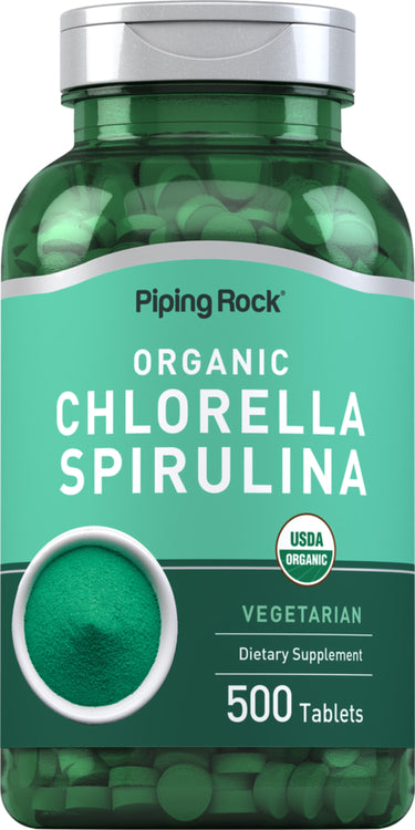 Organic Chlorella Spirulina dietary supplement with 500 tablets.