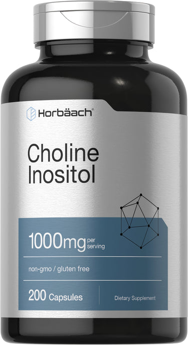 Choline Inositol supplement, 1000mg per serving with 200 capsules; non-GMO and gluten-free dietary product.