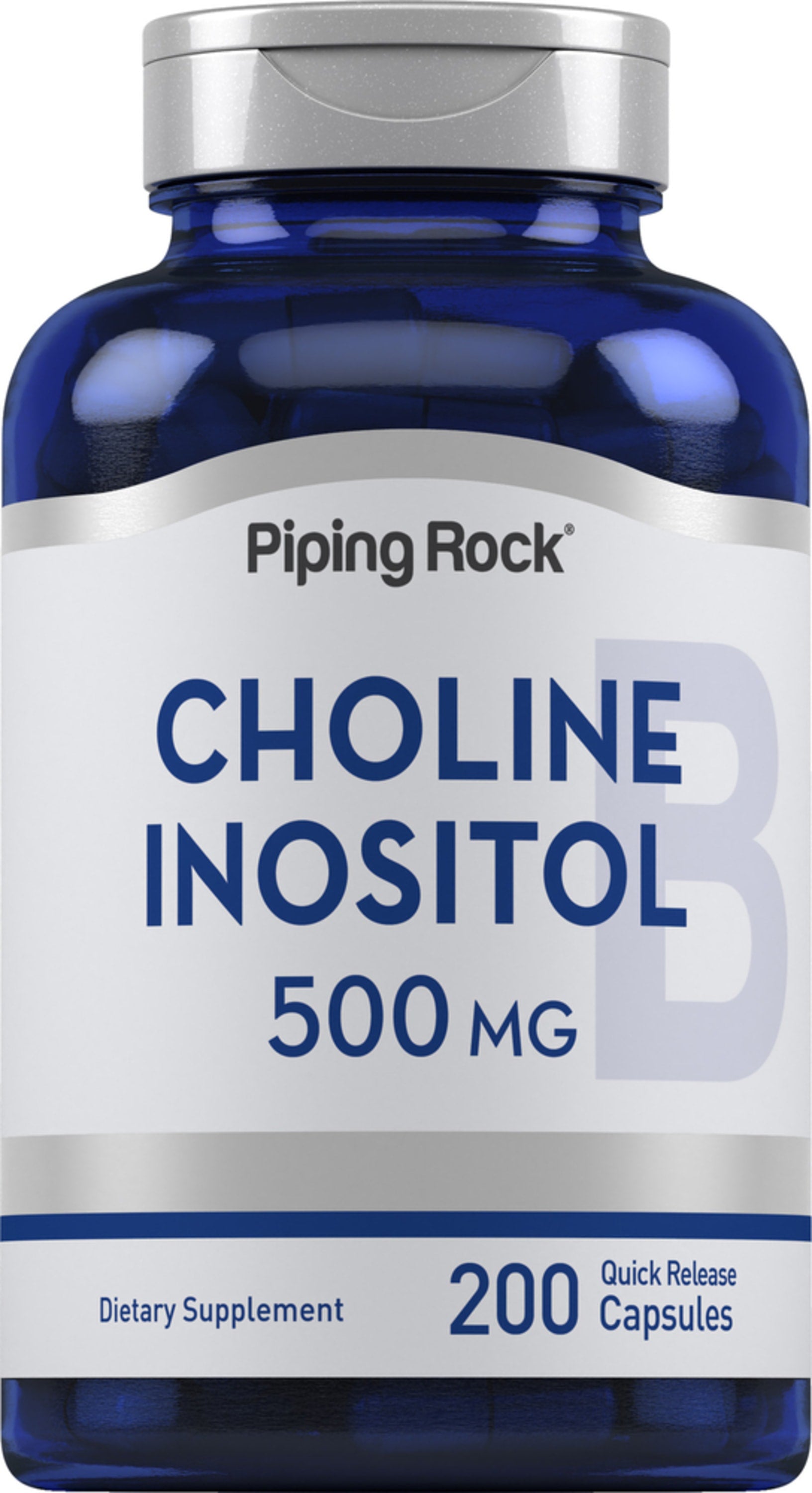 Choline Inositol bottle with 500 MG, 200 quick release capsules for dietary supplement use.