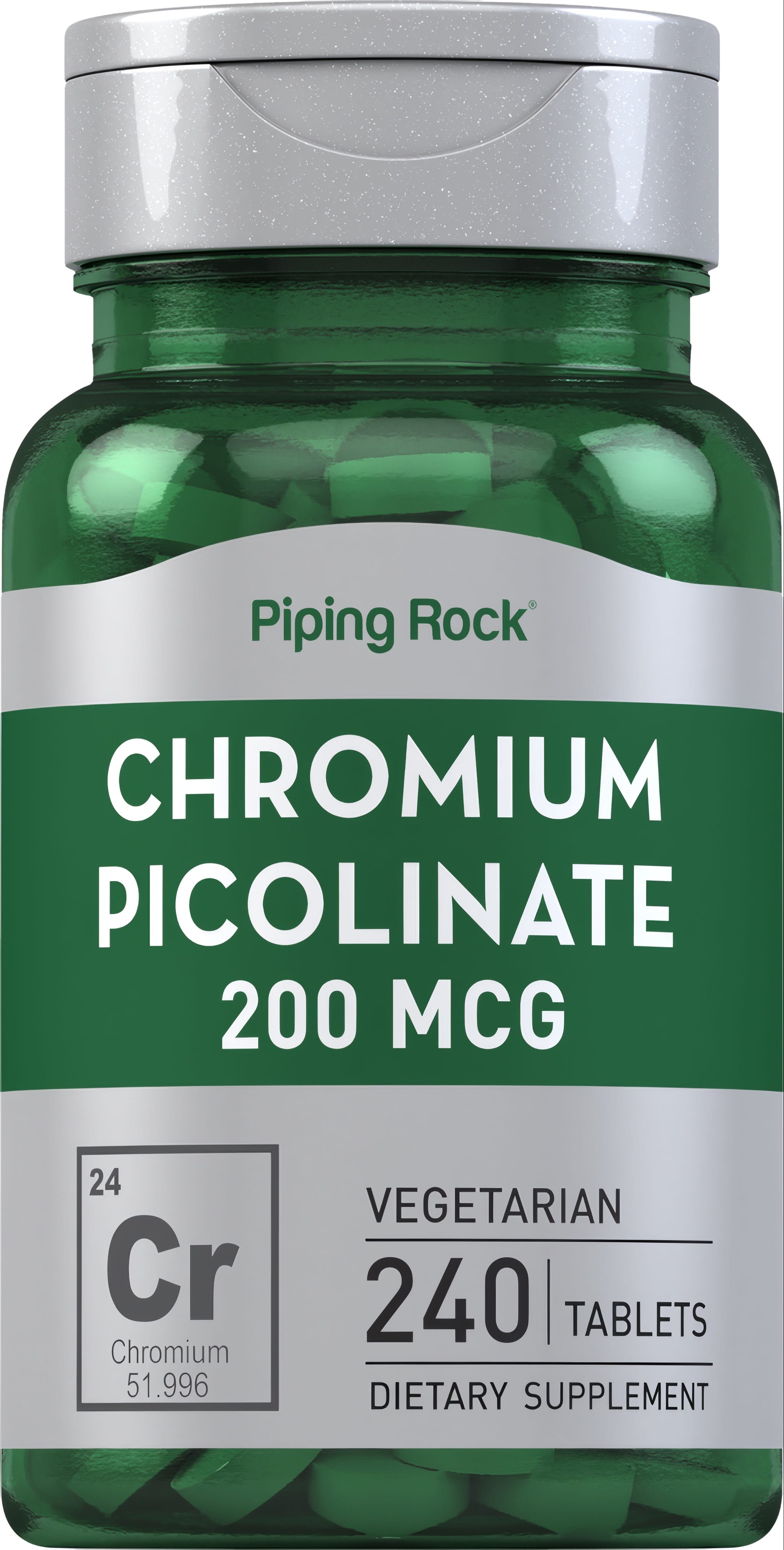 Chromium Picolinate 200 mcg, 240 tablets, vegetarian dietary supplement with a chromium element icon displayed.