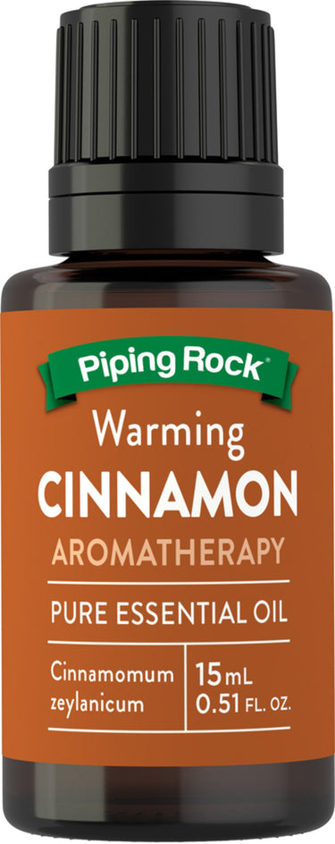 Cinnamon aromatherapy essential oil bottle, 15 mL (0.51 FL. OZ.), offers a warming effect.