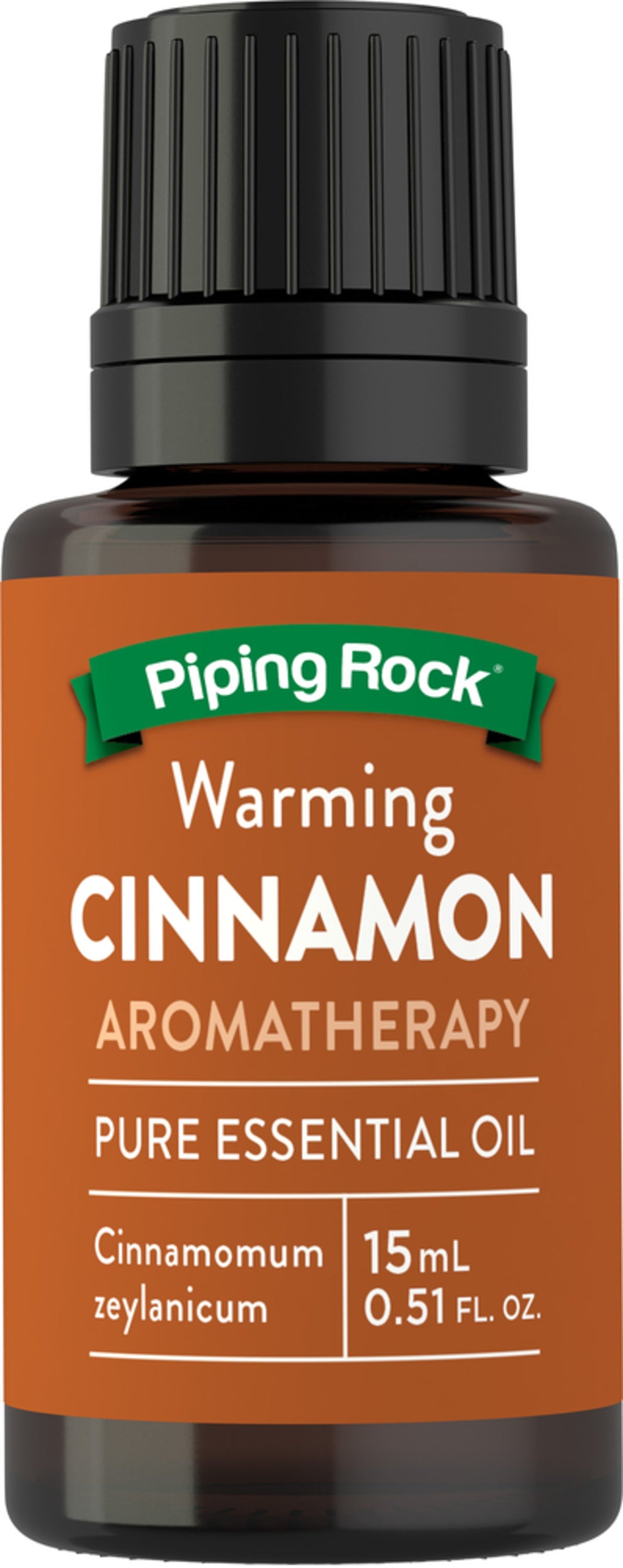 Cinnamon aromatherapy essential oil bottle, 15 mL (0.51 FL. OZ.), offers a warming effect.