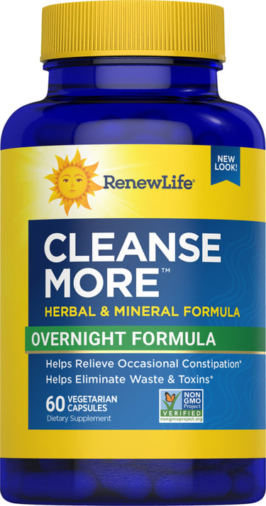 CleanseMore Herbal & Mineral Overnight Formula, a bottle of 60 vegetarian capsules, promoting natural digestive health support.