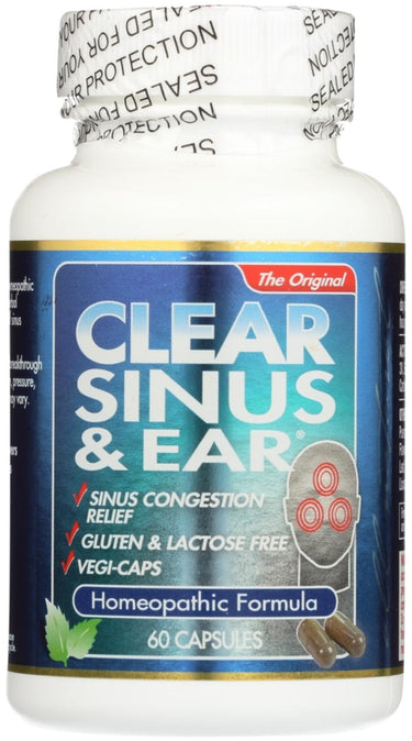 Clear Sinus & Ear Homeopathic Formula 60 Capsules. Offers sinus congestion relief, gluten and lactose free, vegetable capsules.