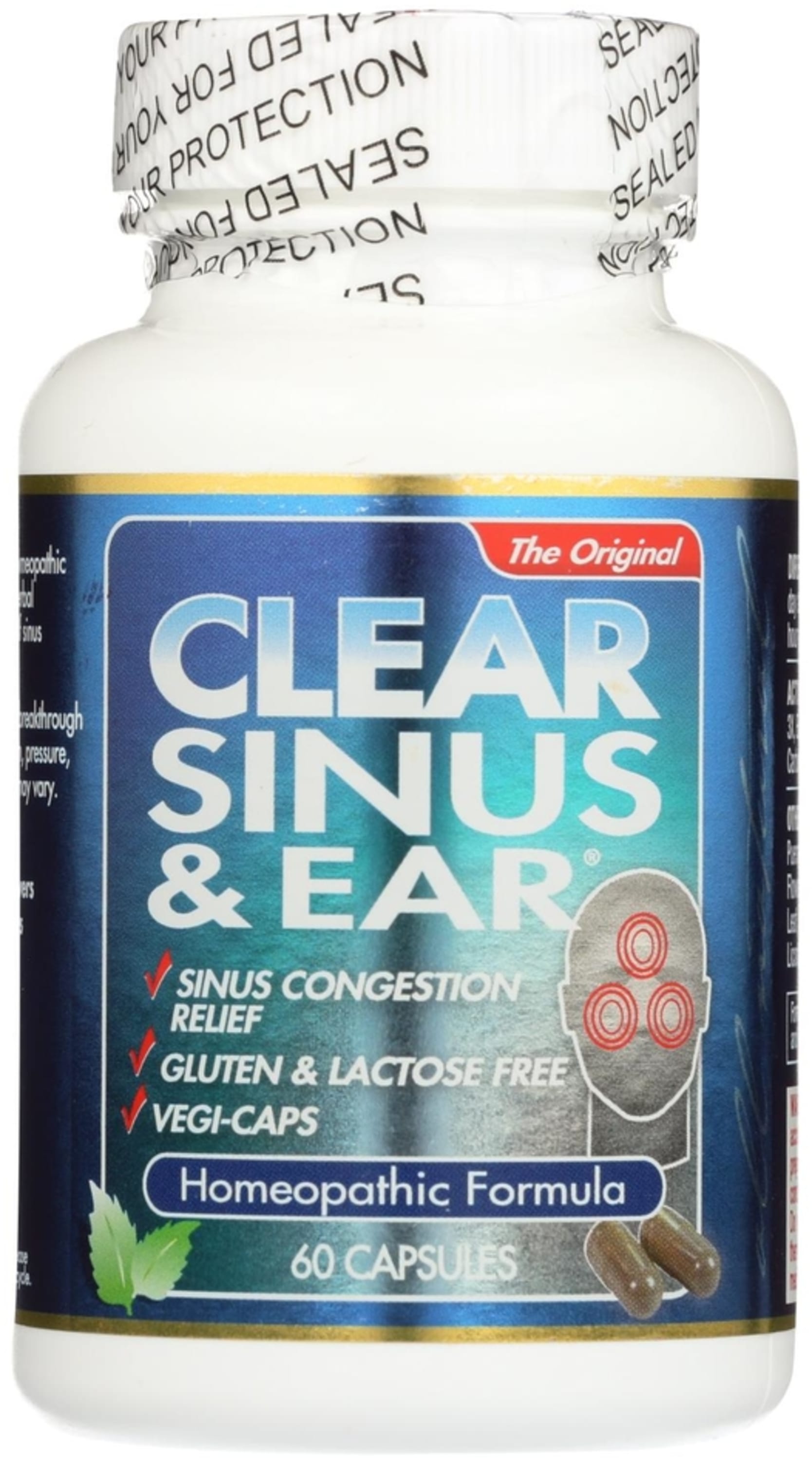 Clear Sinus & Ear Homeopathic Formula 60 Capsules. Offers sinus congestion relief, gluten and lactose free, vegetable capsules.
