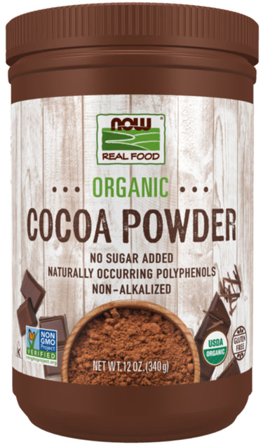 NOW Real Food Organic Cocoa Powder, 12 oz (340 g). No Sugar Added, Non-Alkalized. Non-GMO Project Verified, USDA Organic, Gluten Free.