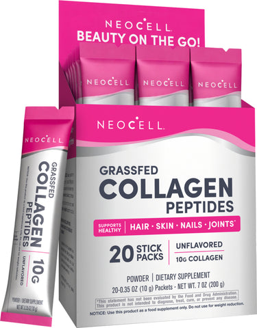 NEOCELL Grassfed Collagen Peptides. 20 stick packs, 10g collagen per pack. Unflavored powder dietary supplement.
