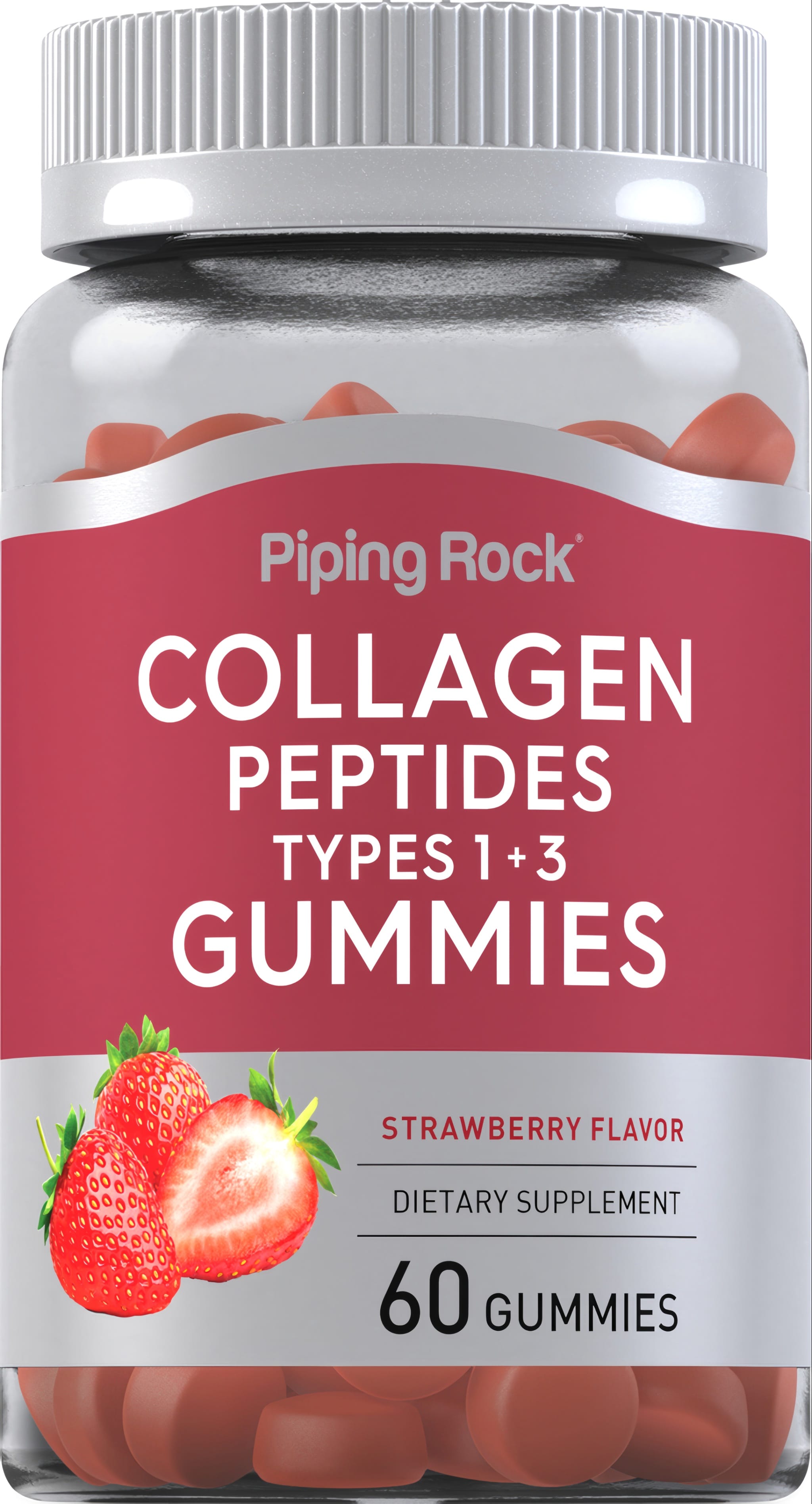 Collagen Peptides Types 1 and 3 Gummies, Strawberry Flavor, 60 gummies in a container.