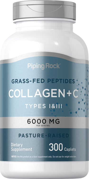 Grass-Fed Peptides Collagen Types I & III, 6000 mg per serving, pasture-raised dietary supplement, 300 caplets.