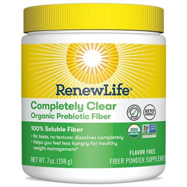 RenewLife Completely Clear Organic Prebiotic Fiber, 7 oz (198 g), is a flavor-free fiber powder supplement.