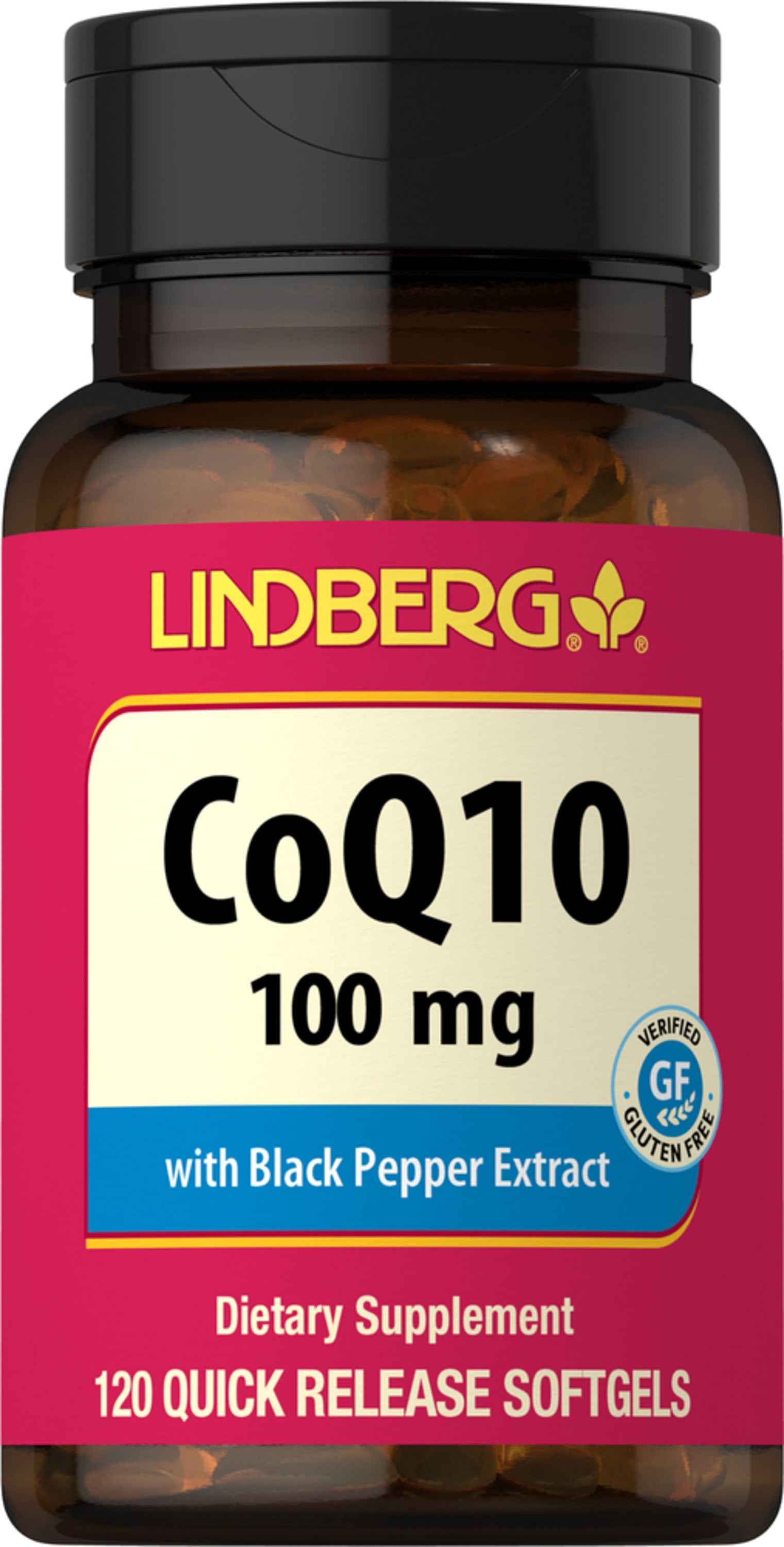 CoQ10 100mg with Black Pepper Extract, 120 Quick Release Softgels, verified as Gluten Free.