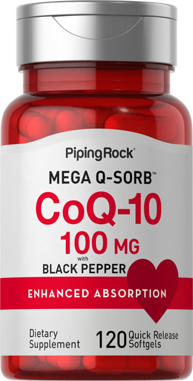 CoQ-10 100 MG with Black Pepper for enhanced absorption, featuring 120 quick release softgels dietary supplement.
