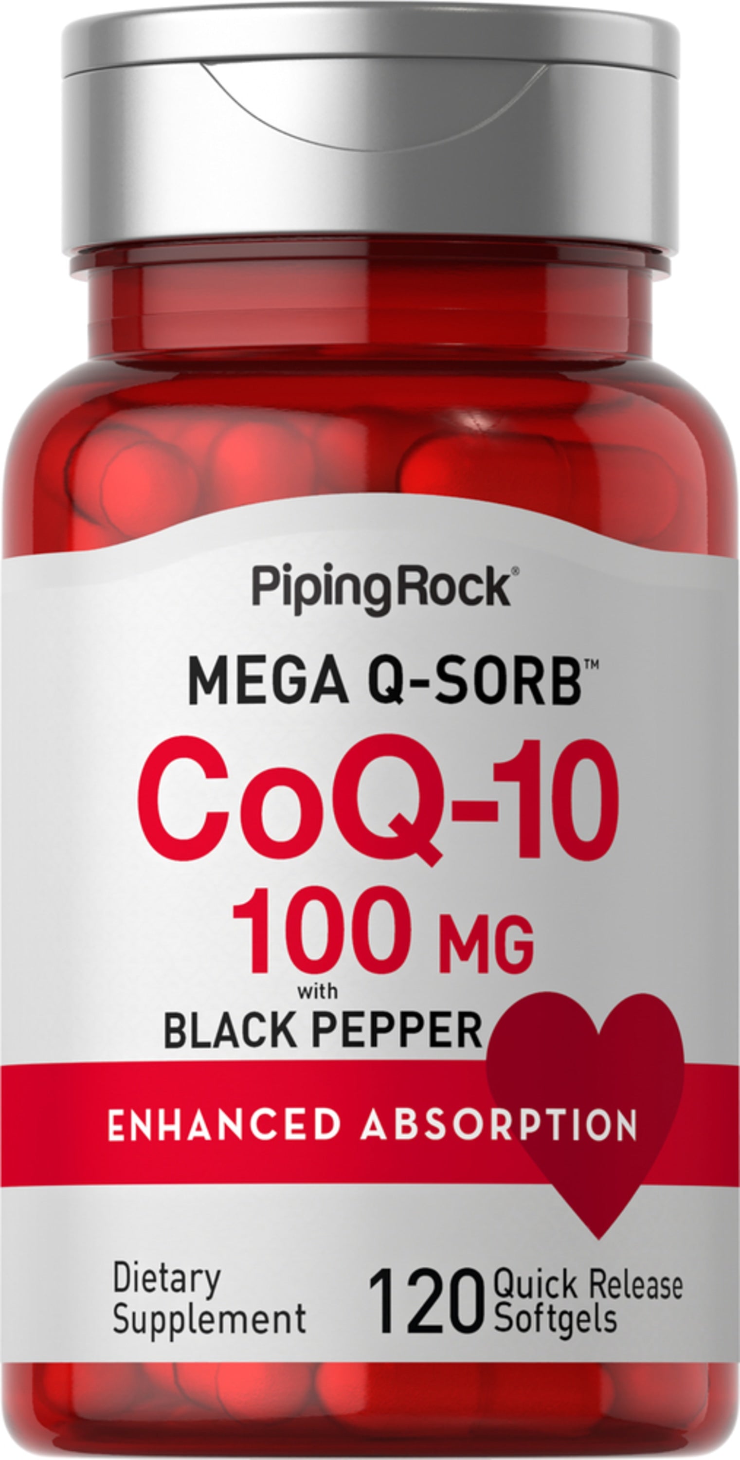 CoQ-10 100 MG with Black Pepper for enhanced absorption, featuring 120 quick release softgels dietary supplement.