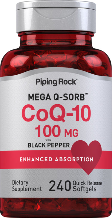 MEGA Q-SORB CoQ-10 100 MG with Black Pepper for improved absorption. Dietary supplement, 240 quick-release softgels.