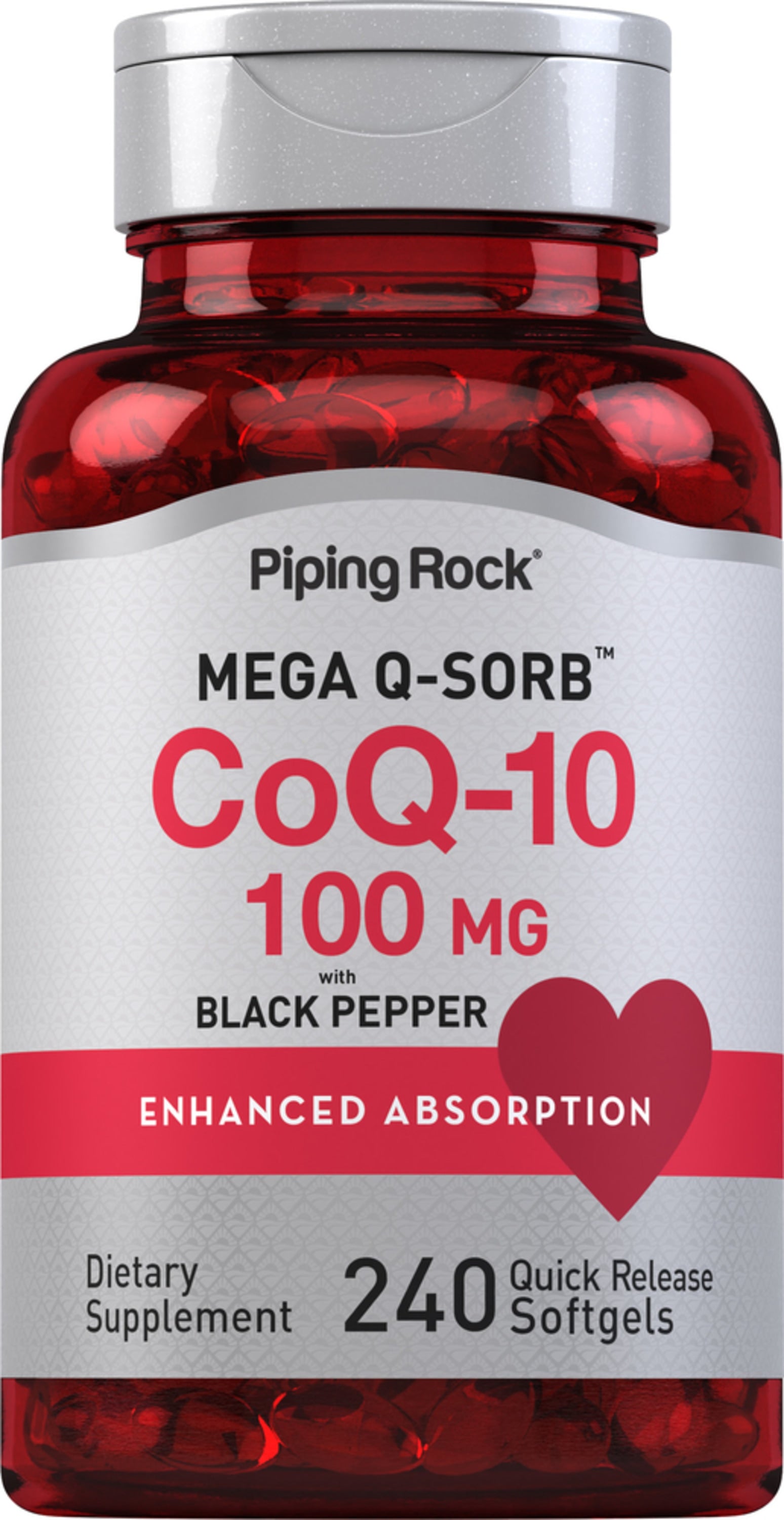 MEGA Q-SORB CoQ-10 100 MG with Black Pepper for improved absorption. Dietary supplement, 240 quick-release softgels.