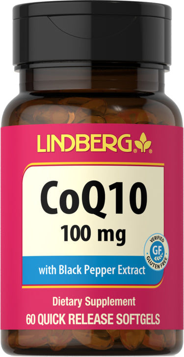 Lindberg CoQ10 100 mg with Black Pepper Extract, 60 Quick Release Softgels. Verified Gluten Free.