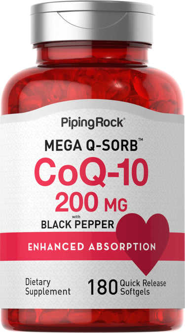 CoQ-10 200 MG MEGA Q-SORB with Black Pepper, featuring 180 quick release softgels.