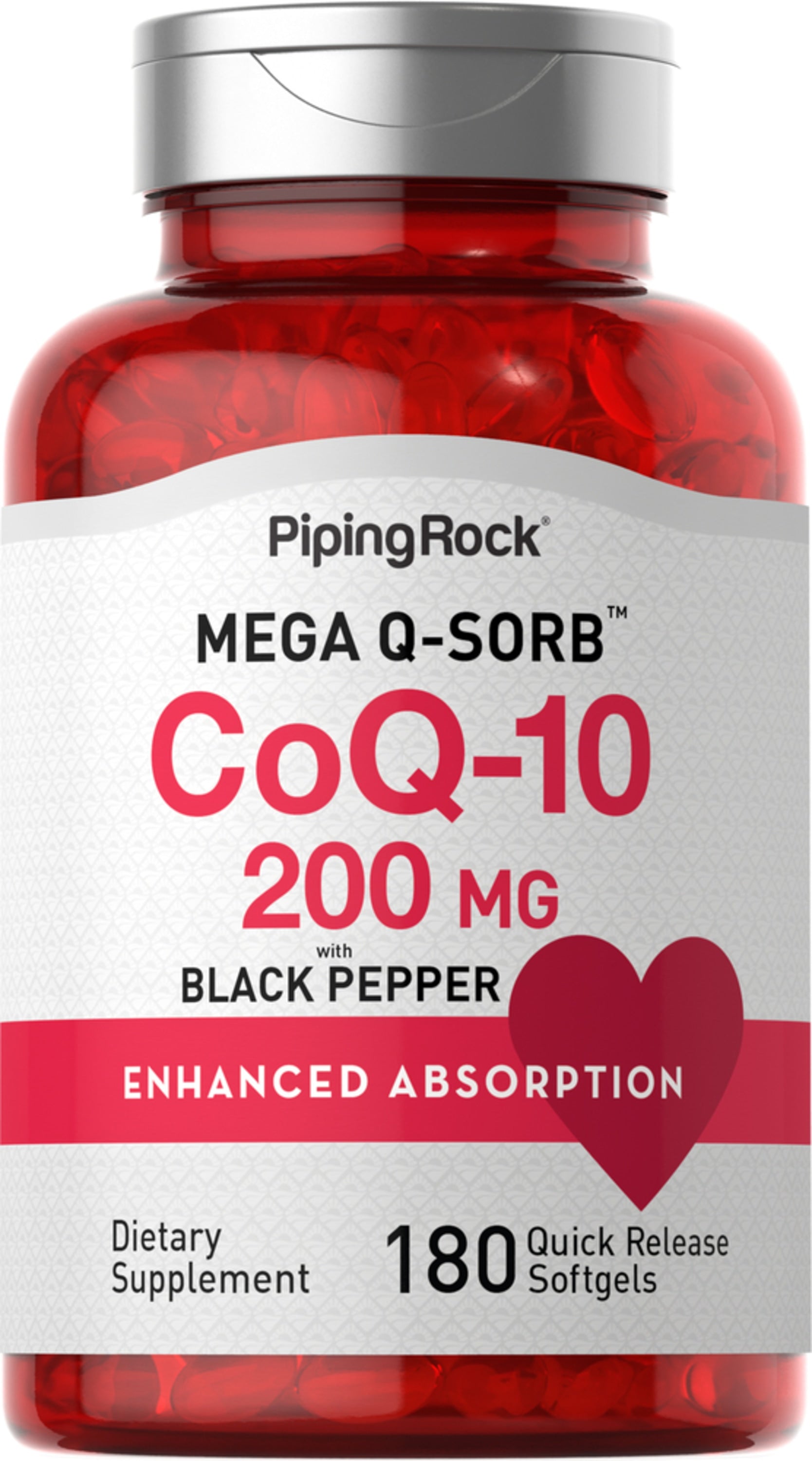 CoQ-10 200 MG MEGA Q-SORB with Black Pepper, featuring 180 quick release softgels.