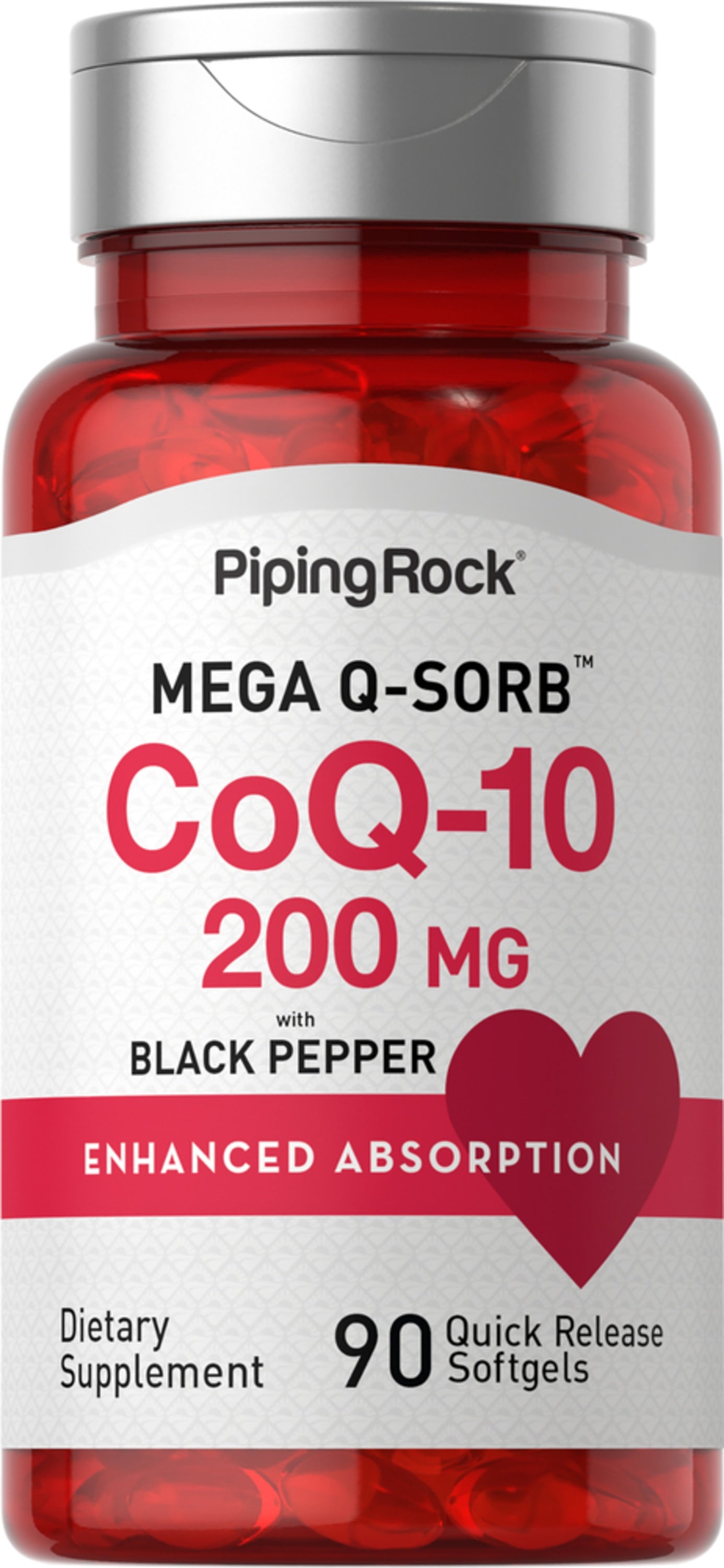 MEGA Q-SORB CoQ-10 200 MG with BLACK PEPPER, 90 Quick Release Softgels. Enhanced absorption dietary supplement.