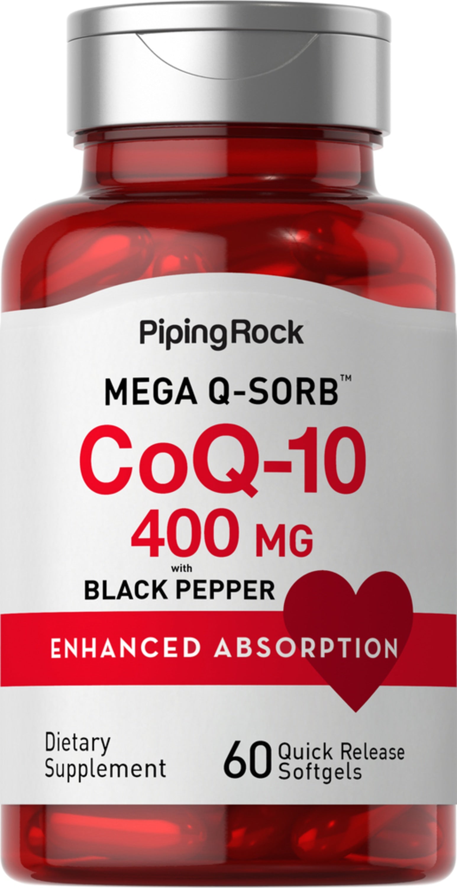 MEGA Q-SORB CoQ-10 400 MG with BLACK PEPPER for enhanced absorption, dietary supplement, 60 quick release softgels.