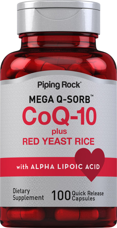 MEGA Q-SORB CoQ-10 plus Red Yeast Rice with Alpha Lipoic Acid dietary supplement, 100 quick-release capsules.