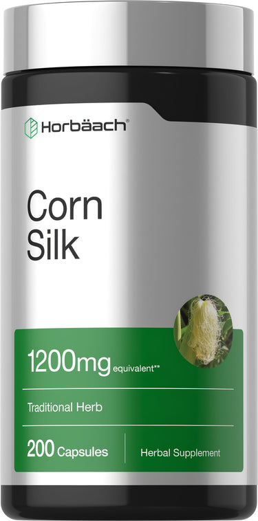 Corn Silk 1200mg equivalent traditional herb in a 200 capsule herbal supplement bottle.