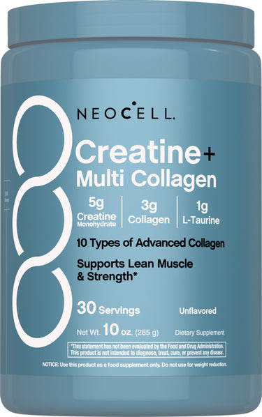 Neocell Creatine+ Multi Collagen powder, 10 oz, unflavored, 30 servings, contains 5g Creatine, 3g Collagen, 1g L-Taurine.