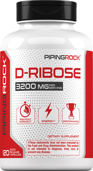 D-Ribose 3200 mg per serving in a bottle of 120 capsules for quick release.