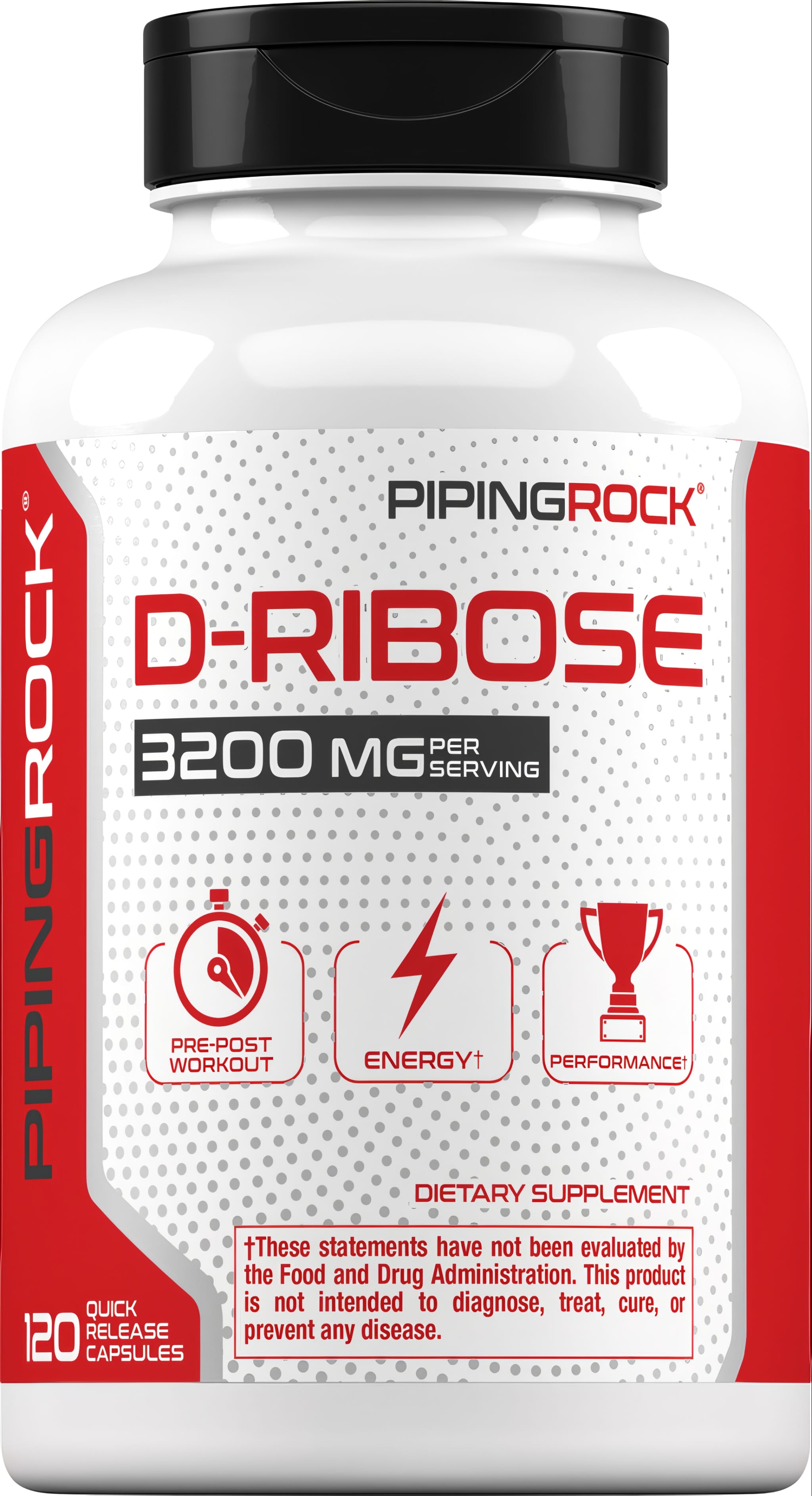 D-Ribose supplement with 3200 mg per serving in 120 quick release capsules, ideal for energy support and recovery.