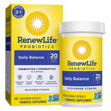 RenewLife Daily Balance Probiotics + Prebiotics offers 20 Billion CFU and 10 diverse strains in 60 vegetarian capsules.