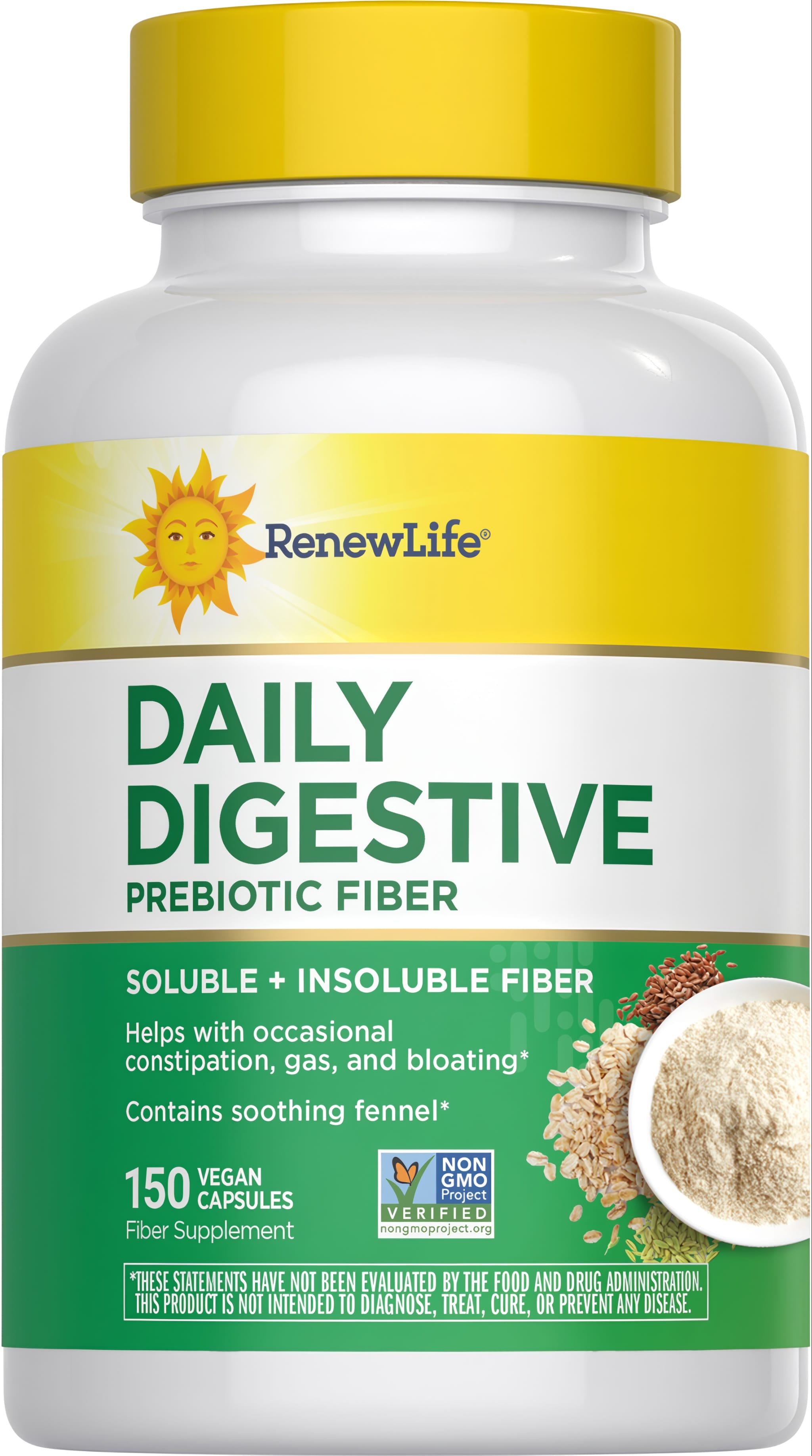 RenewLife Daily Digestive Prebiotic Fiber, 150 Vegan Capsules, is a fiber supplement for daily use.