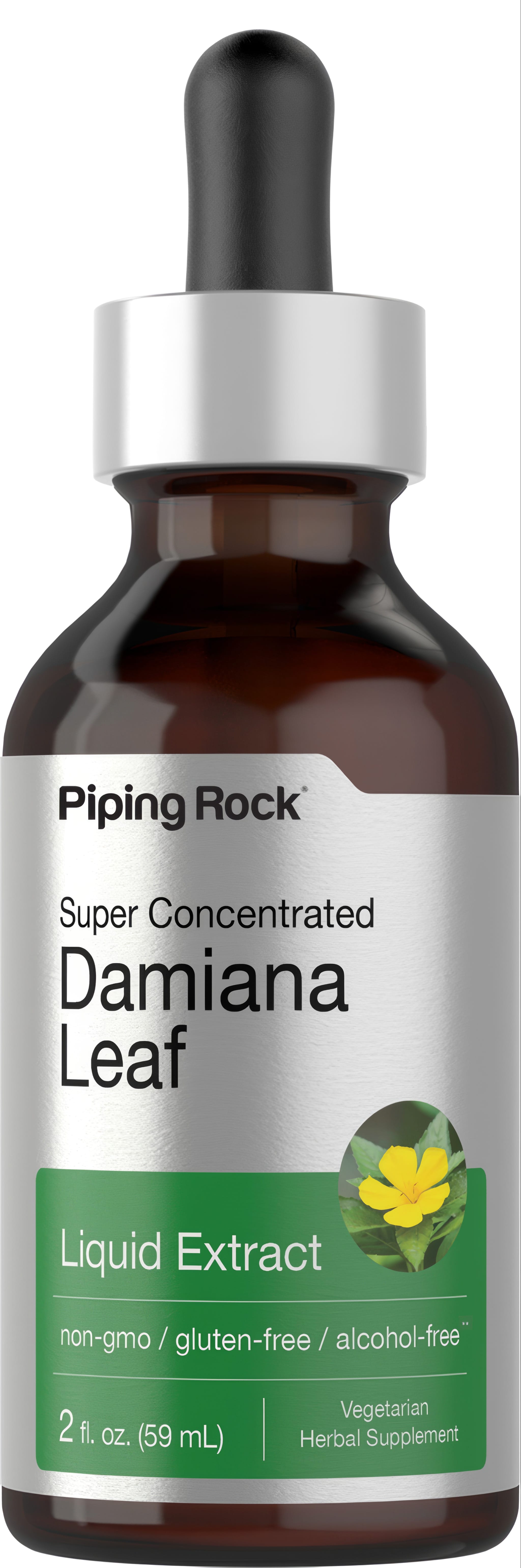 Damiana Leaf Liquid Extract, 2 fl. oz. (59 mL), non-gmo, gluten-free, alcohol-free, vegetarian herbal supplement bottle.
