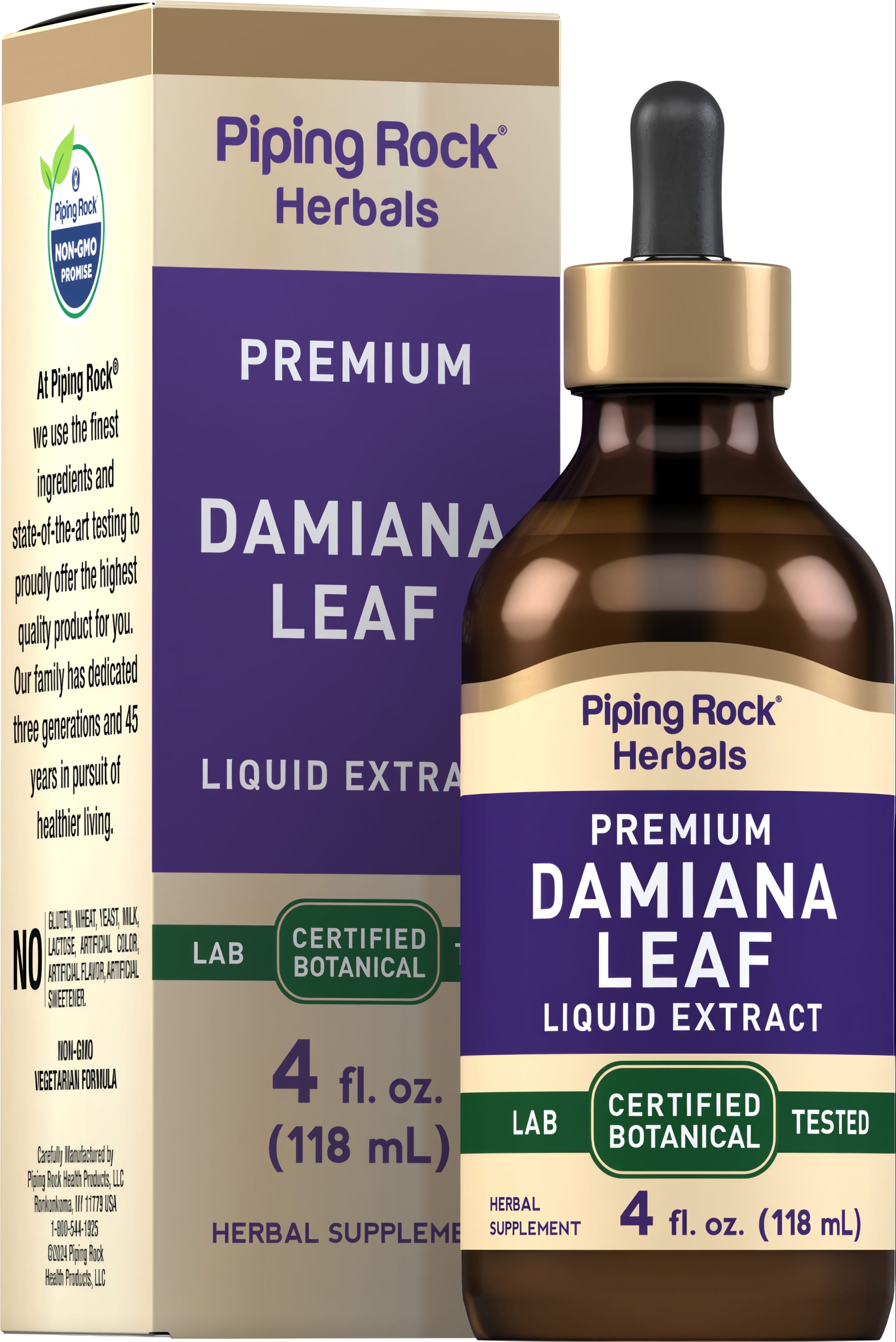 Image of Damiana Leaf Liquid Extract bottle, 4 fl. oz. (118 mL), showcasing product size and packaging.