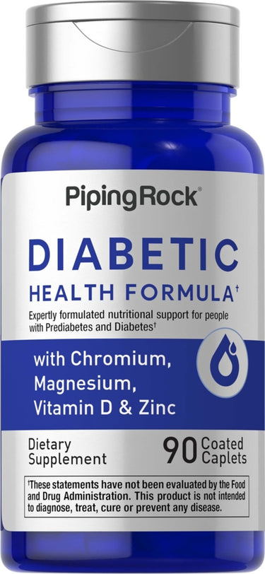Diabetic Health Formula with Chromium, Magnesium, Vitamin D, and Zinc, features 90 coated caplets.