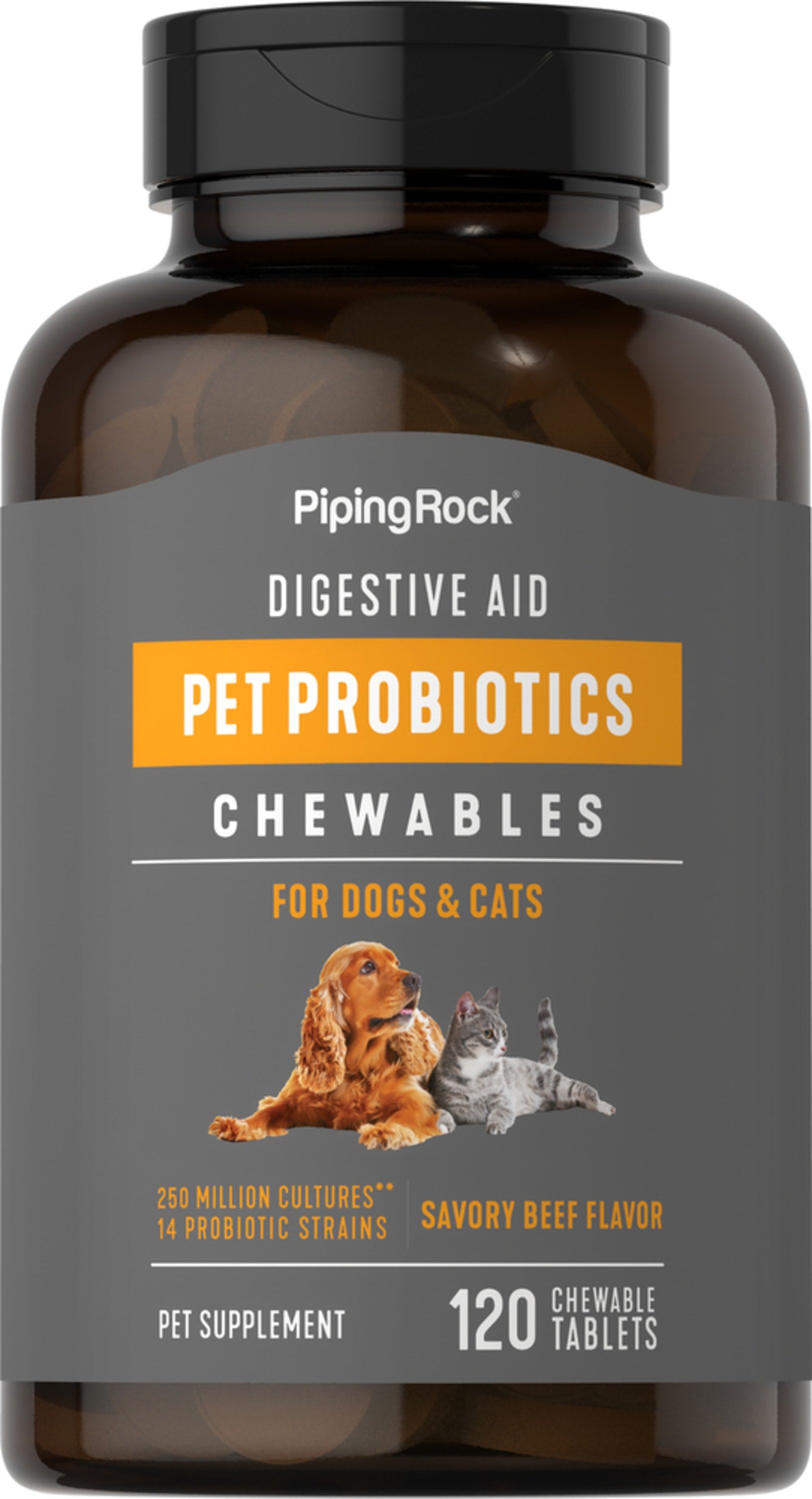 Digestive Aid Pet Probiotics Chewables for Dogs and Cats, with Savory Beef Flavor, includes 120 tablets.