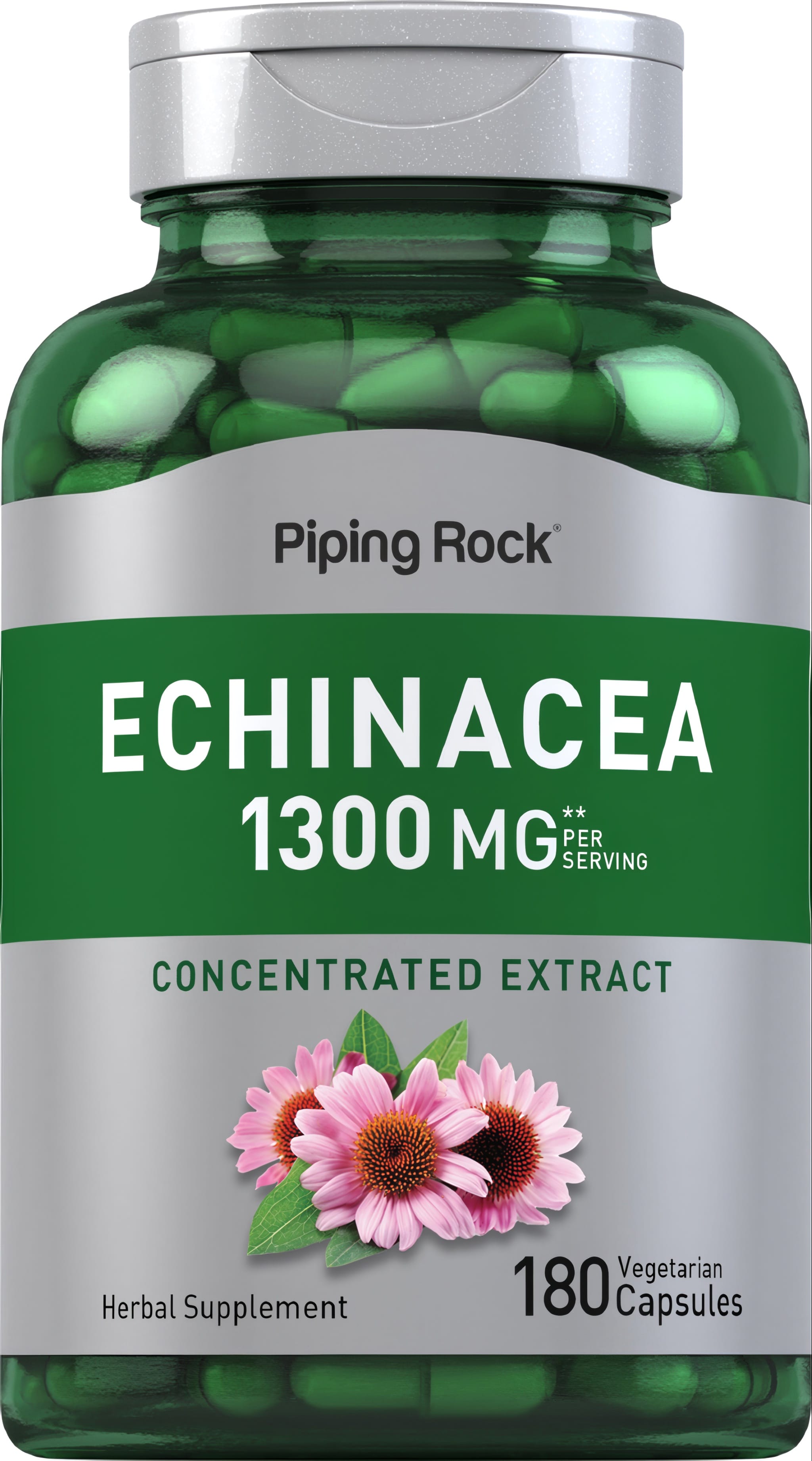 Echinacea 1300 MG Herbal Supplement with Concentrated Extract, 180 Vegetarian Capsules in a bottle.