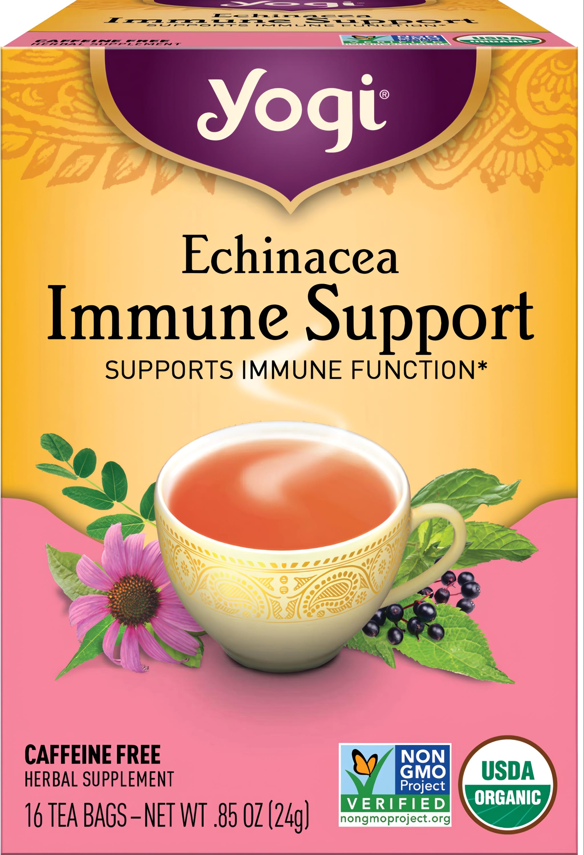 Yogi Echinacea Immune Support Tea with 16 bags. Herbal supplement, Non-GMO Project Verified, USDA Organic certified.