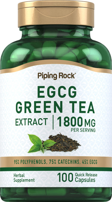 EGCG Green Tea Extract with 1800 mg, 95% polyphenols, 75% catechins, and 45% EGCG in 100 quick-release capsules.