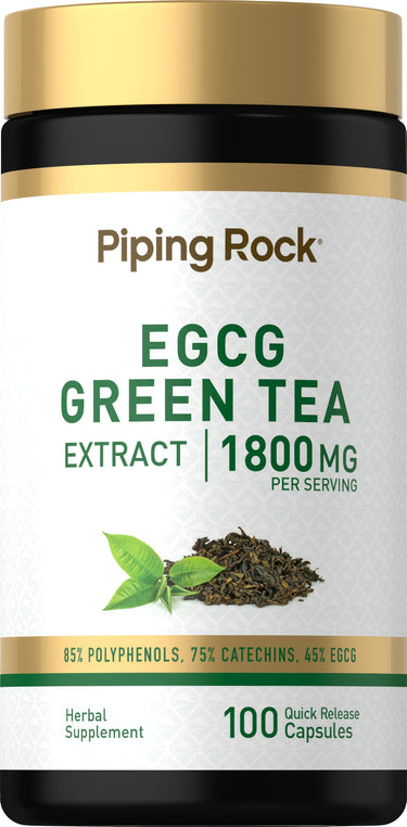 EGCG Green Tea Extract 1800 mg with 85% Polyphenols, 75% Catechins, and 45% EGCG in 100 quick release capsules.