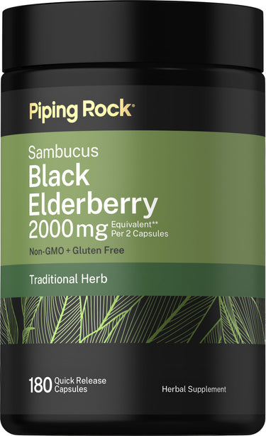 Black Elderberry 2000 mg per 2 capsules, non-GMO, gluten-free, 180 quick release capsules. Herbal supplement.