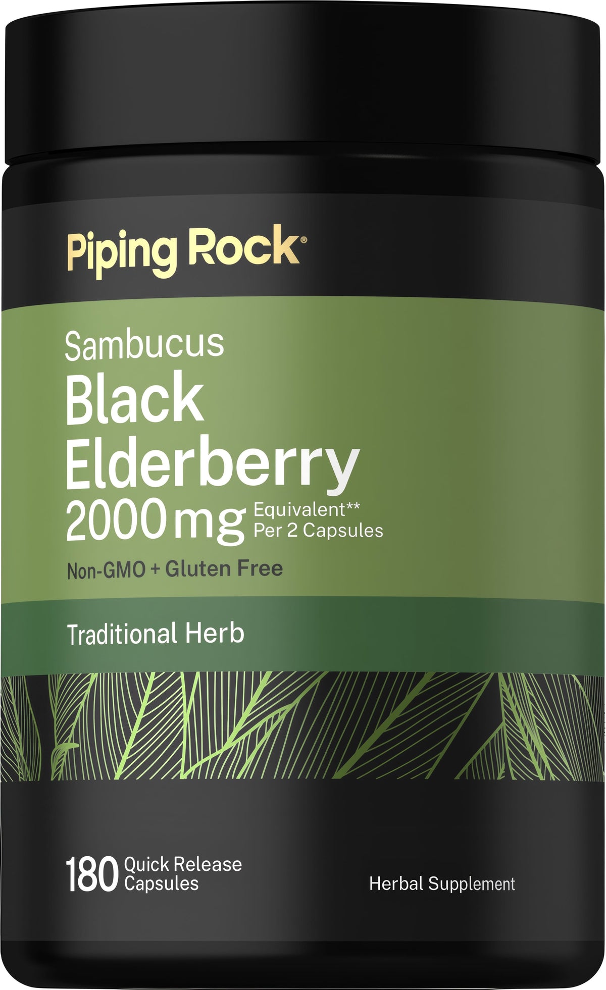 Black Elderberry 2000 mg per 2 capsules, non-GMO, gluten-free, 180 quick release capsules. Herbal supplement.