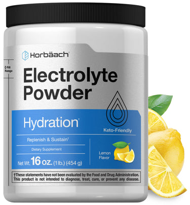Horbäach Electrolyte Powder, Lemon Flavor, 16 oz. Hydration and keto-friendly dietary supplement.