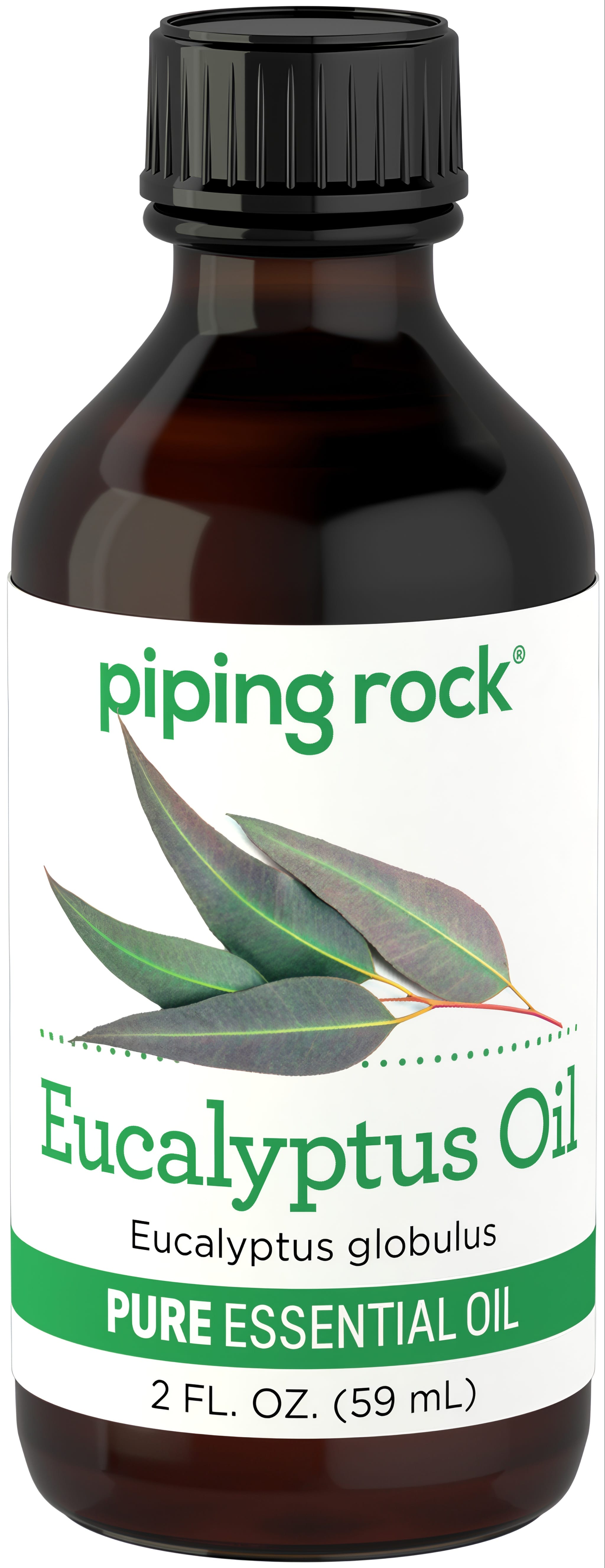 A bottle of PURE ESSENTIAL OIL, Eucalyptus globulus, labeled Eucalyptus Oil, 2 FL. OZ. (59 mL).