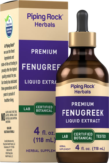 Premium Fenugreek Liquid Extract, 4 fl. oz. (118 mL) bottle and box, Lab Certified Botanical, displayed.