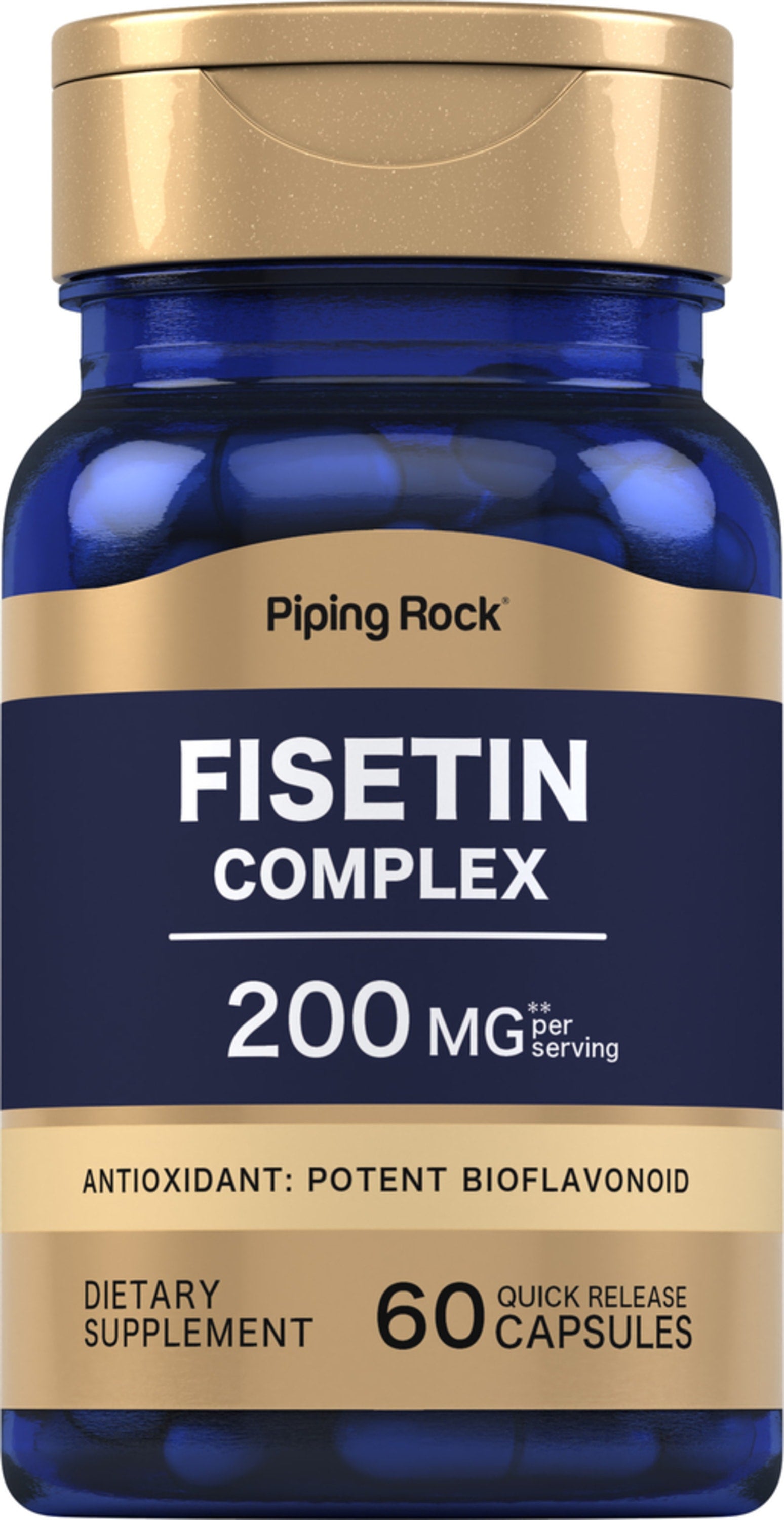 Fisetin Complex 200 MG, a potent bioflavonoid antioxidant supplement, includes 60 quick release capsules.