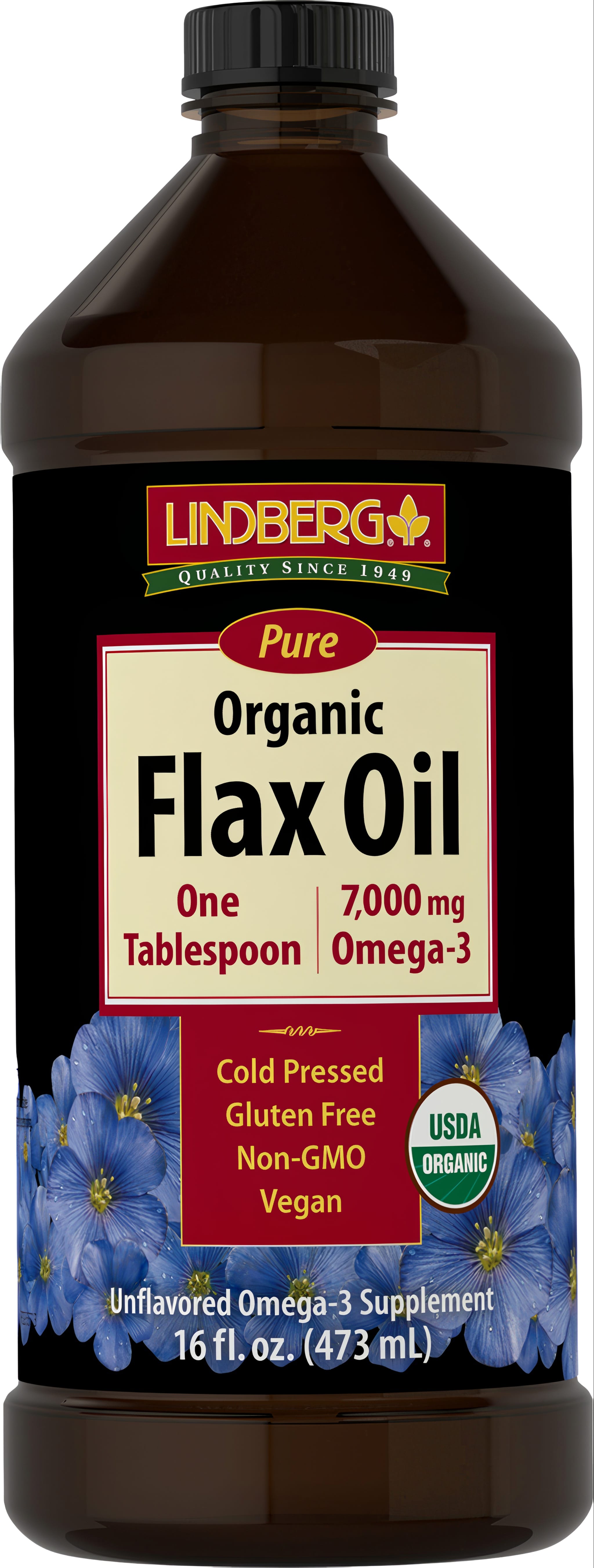 A bottle of organic flax oil, 16 fl. oz. (473 mL).
